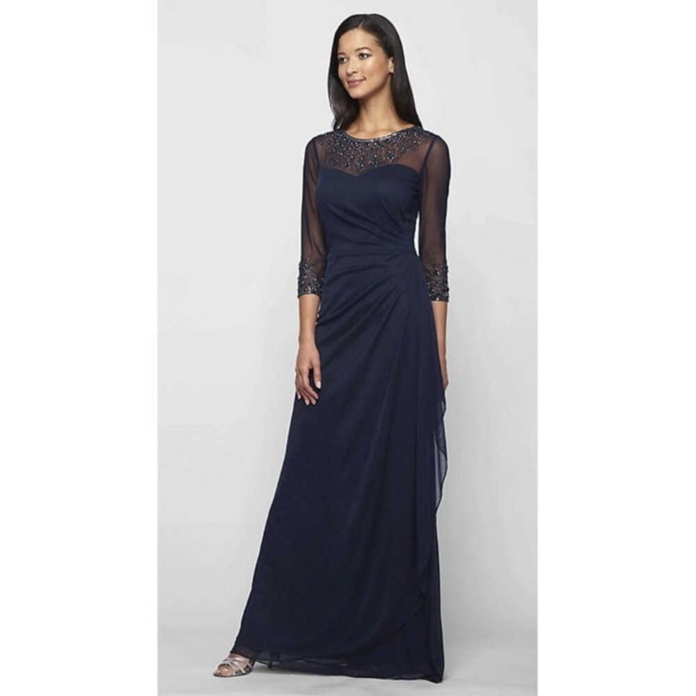 NWT Alex Evenings Ruched Illusion Mesh Sheath Gown with Jeweled Neck